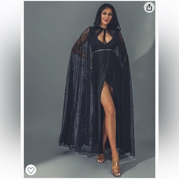 Lace Hooded Cloak Black Long  Cape Full Length Costumes Cosplay Gothic Cover Up - Picture 2 of 7